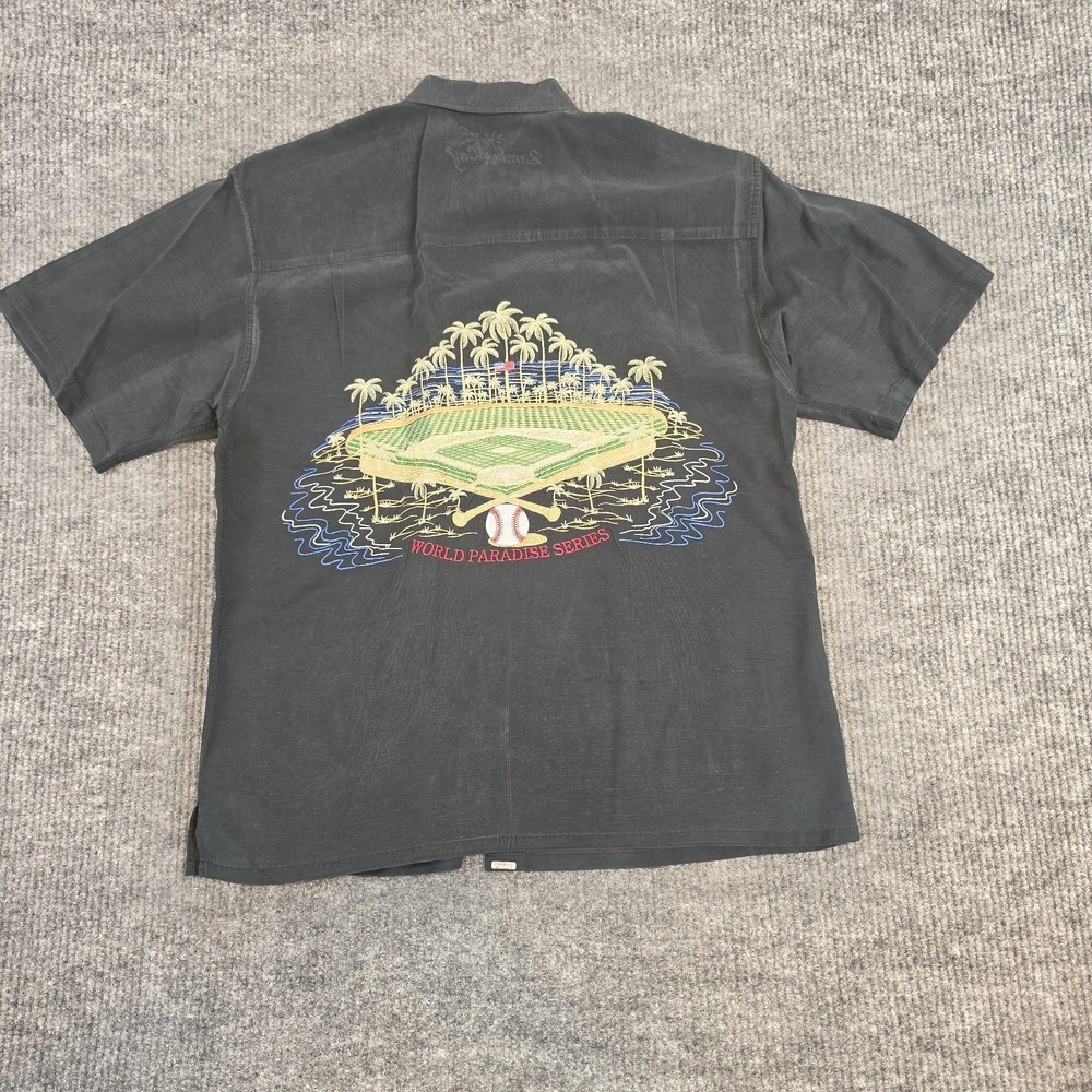 Bamboo Cay World Paradise Series Baseball Embroidered SS Button Up Black Shirt M